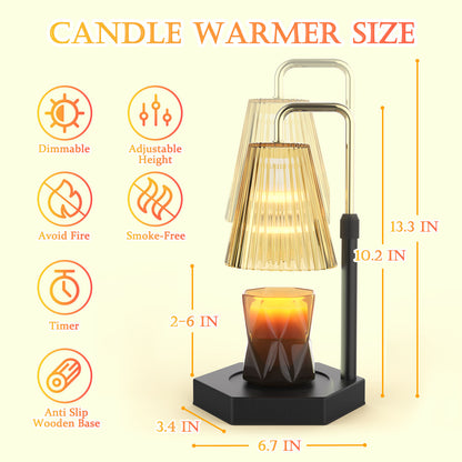 Candle Warmer Lamp Dimmable and Timer Candle Warmer Height Adjustable for Jar Scented Candles for Home Decor Amber Glass and Black Base